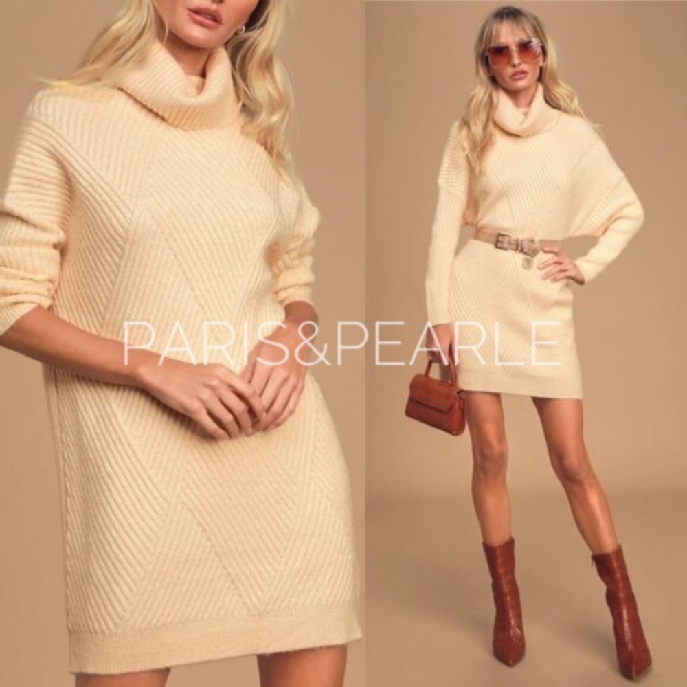 Charming Cream Ribbed Turtleneck Sweater Dress